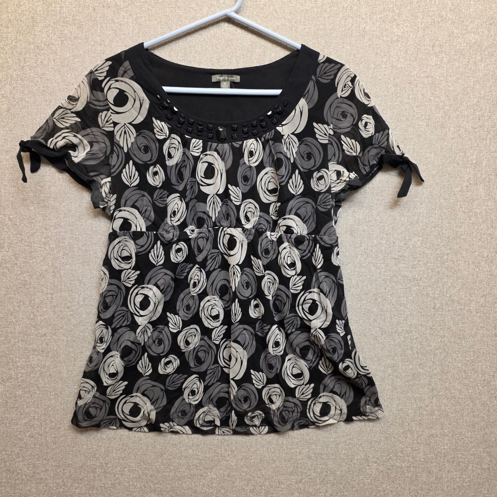 Whimsical Women Black White Floral Empire Waist Beaded Mesh Top Short Sleeve Y2K